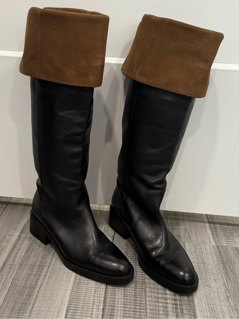 Zara Black Leather Over-the-Knee Boots with Brown Cuff